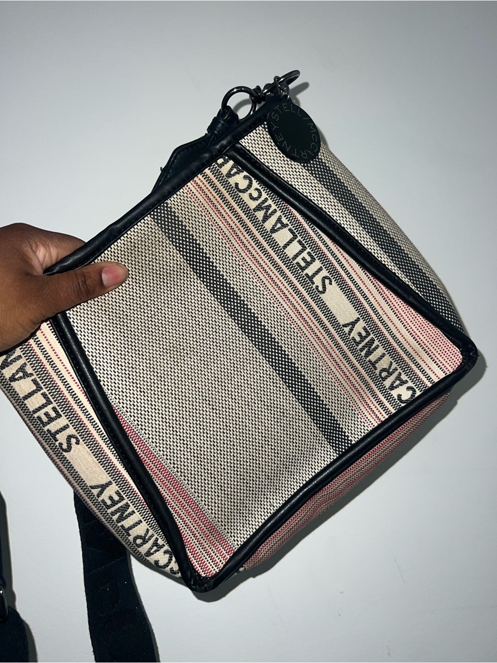 Stella McCartney Black & Beige Canvas Stripe Crossbody